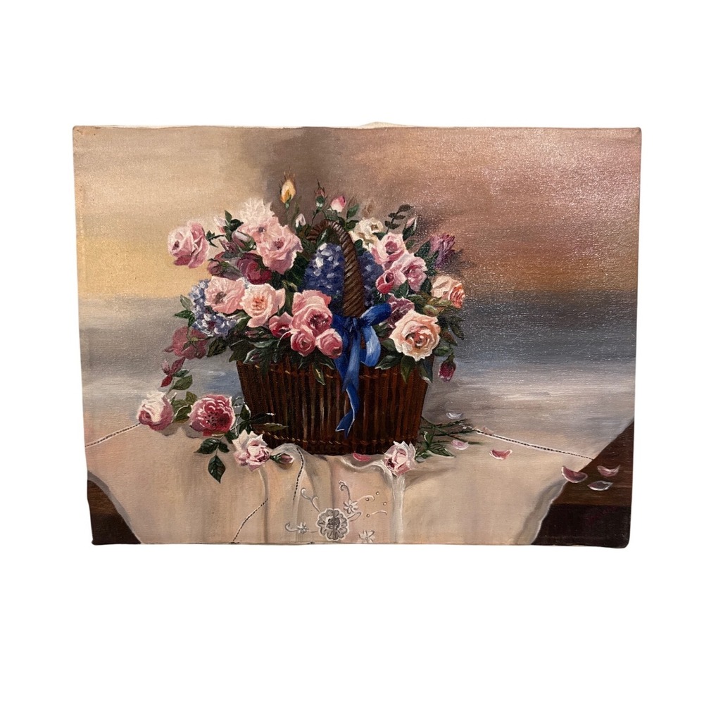 Original Signed Cottagecore Floral Oil‎ Painting 16x12 Unframed Vintage Romantic